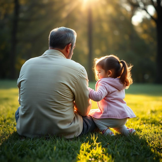 A scene depicting a man resembling Qassem Soleimani sitting on green grass from behind, with a three-year-old girl wearing a pink jacket and heart-shaped earrings playing on his knee