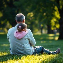 A scene depicting a man resembling Qassem Soleimani sitting on green grass from behind, with a three-year-old girl wearing a pink jacket and heart-shaped earrings playing on his knee