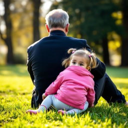 A scene depicting a man resembling Qassem Soleimani sitting on green grass from behind, with a three-year-old girl wearing a pink jacket and heart-shaped earrings playing on his knee