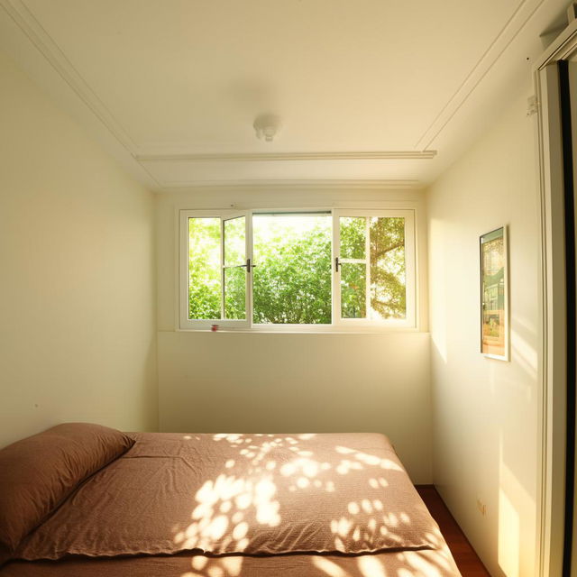 A spacious 13 x 12 feet bedroom with a full window balcony, and a small window situated behind the bed, filling the room with soft natural light.