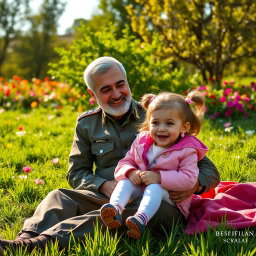A heartwarming scene featuring General Qassem Soleimani sitting on a lush green grass field