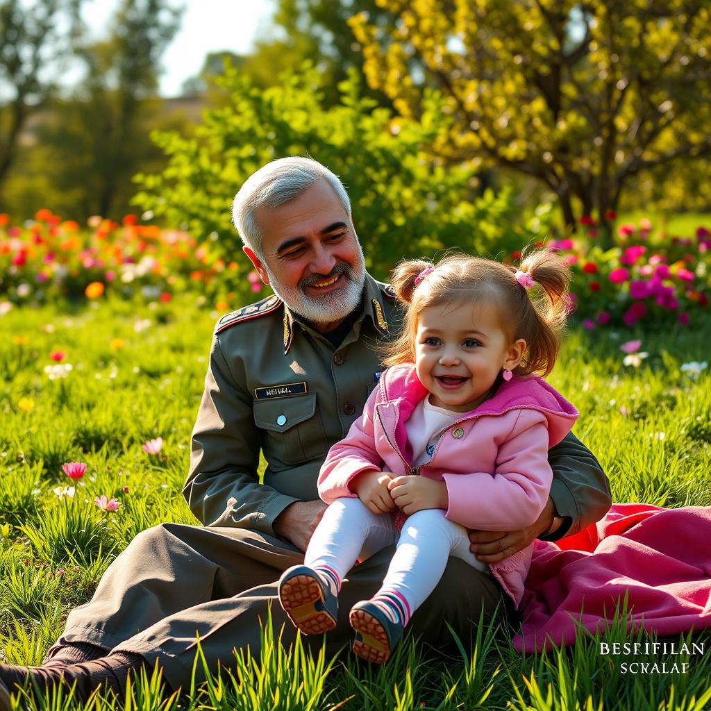 A heartwarming scene featuring General Qassem Soleimani sitting on a lush green grass field