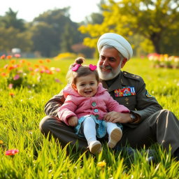 A heartwarming scene featuring General Qassem Soleimani sitting on a lush green grass field