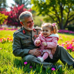 A heartwarming scene featuring General Qassem Soleimani sitting on a lush green grass field