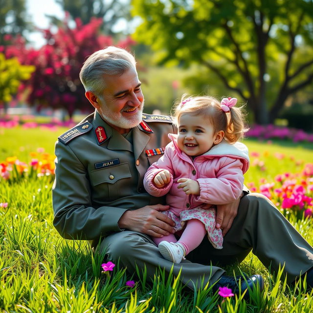 A heartwarming scene featuring General Qassem Soleimani sitting on a lush green grass field