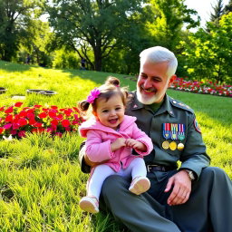 A heartwarming scene featuring General Qassem Soleimani sitting on a lush green grass field