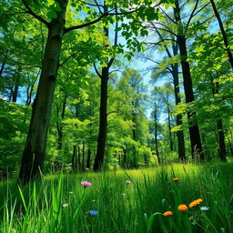 A crystal clear and high-definition image of a lush green forest with sunlight filtering through the leaves, creating a dappled light effect on the forest floor