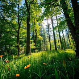 A crystal clear and high-definition image of a lush green forest with sunlight filtering through the leaves, creating a dappled light effect on the forest floor