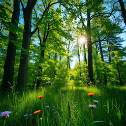 A crystal clear and high-definition image of a lush green forest with sunlight filtering through the leaves, creating a dappled light effect on the forest floor