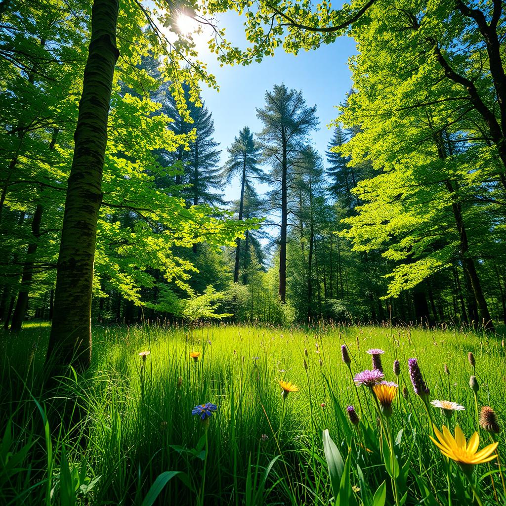 A crystal clear and high-definition image of a lush green forest with sunlight filtering through the leaves, creating a dappled light effect on the forest floor