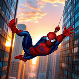 A dynamic scene featuring Spider-Man swinging through a vibrant cityscape