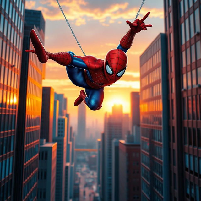 A dynamic scene featuring Spider-Man swinging through a vibrant cityscape