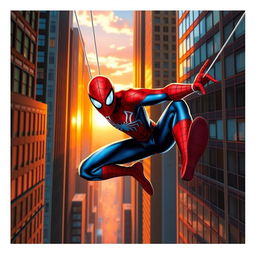 A dynamic scene featuring Spider-Man swinging through a vibrant cityscape