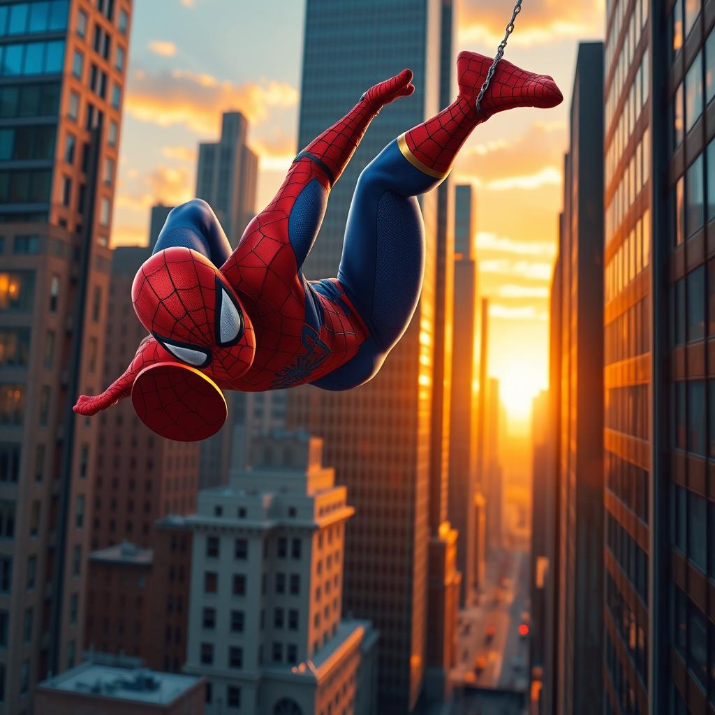 A dynamic scene featuring Spider-Man swinging through a vibrant cityscape