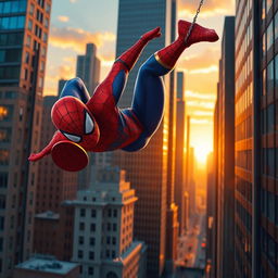A dynamic scene featuring Spider-Man swinging through a vibrant cityscape