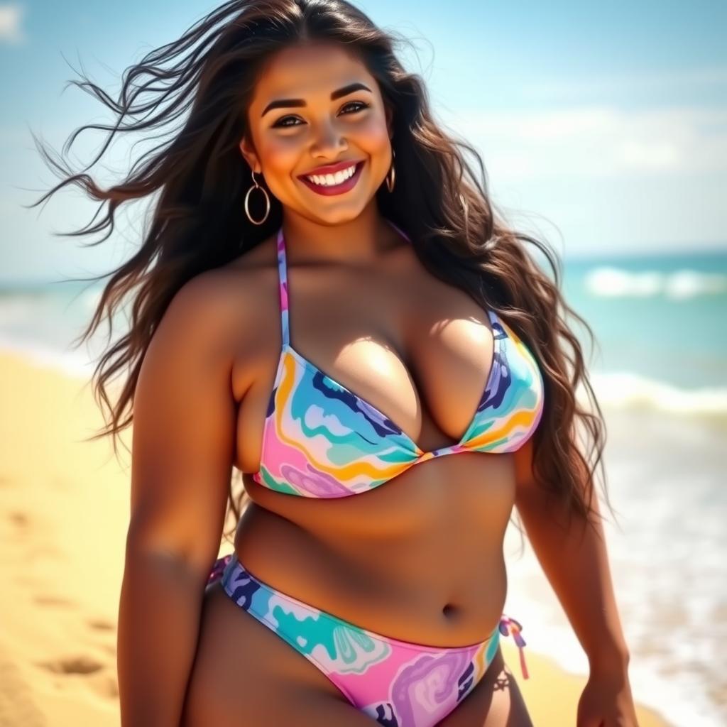 A curvy Latina woman confidently posing in a vibrant bikini on a sunny beach