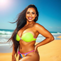 A curvy Latina woman confidently posing in a vibrant bikini on a sunny beach