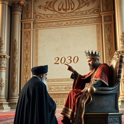 A majestic palace in Iran, featuring a young king sitting on a grand throne, his face turned downwards, pointing his index finger towards an elderly cleric wearing a black turban with his face bowed down