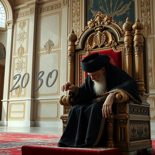 A majestic palace in Iran, featuring a young king sitting on a grand throne, his face turned downwards, pointing his index finger towards an elderly cleric wearing a black turban with his face bowed down