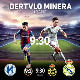 A vibrant and dynamic football match poster featuring the home stadium of Deportivo Minerra as the backdrop