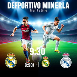 A vibrant and dynamic football match poster featuring the home stadium of Deportivo Minerra as the backdrop