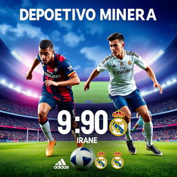 A vibrant and dynamic football match poster featuring the home stadium of Deportivo Minerra as the backdrop