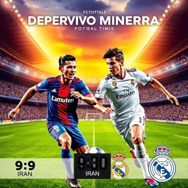 A vibrant and dynamic football match poster featuring the home stadium of Deportivo Minerra as the backdrop
