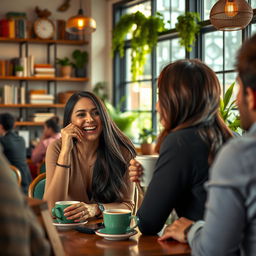 A vibrant scene depicting a beautiful woman sitting in a cozy café, engaging in animated conversation with a friend over coffee