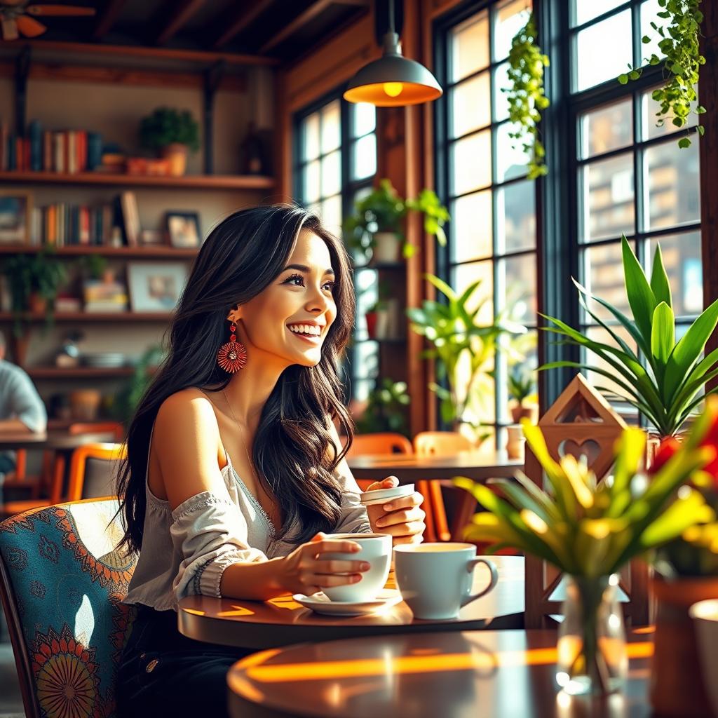 A vibrant scene depicting a beautiful woman sitting in a cozy café, engaging in animated conversation with a friend over coffee