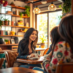 A vibrant scene depicting a beautiful woman sitting in a cozy café, engaging in animated conversation with a friend over coffee