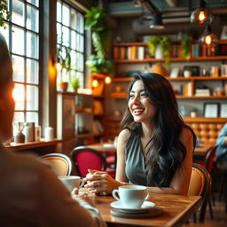 A vibrant scene depicting a beautiful woman sitting in a cozy café, engaging in animated conversation with a friend over coffee