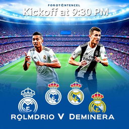 A vibrant football match poster showcasing an exciting game between Real Madrid and Deportivo Minerra