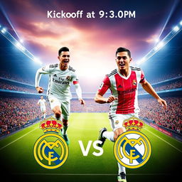 A vibrant football match poster showcasing an exciting game between Real Madrid and Deportivo Minerra