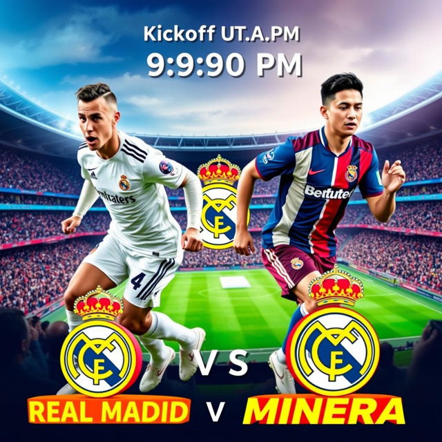A vibrant football match poster showcasing an exciting game between Real Madrid and Deportivo Minerra