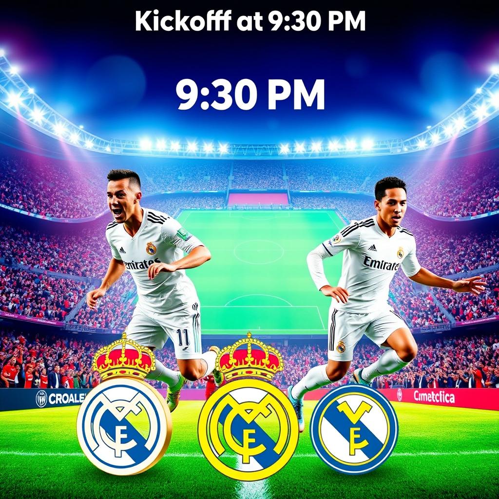 A vibrant football match poster showcasing an exciting game between Real Madrid and Deportivo Minerra