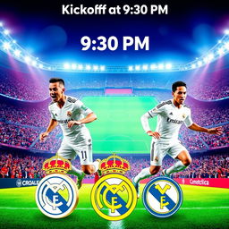 A vibrant football match poster showcasing an exciting game between Real Madrid and Deportivo Minerra