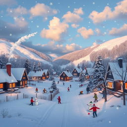 A picturesque winter scene on a snowy day, depicting a quaint village covered in a thick blanket of snow