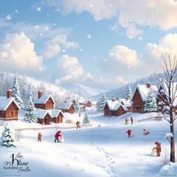 A picturesque winter scene on a snowy day, depicting a quaint village covered in a thick blanket of snow