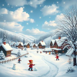 A picturesque winter scene on a snowy day, depicting a quaint village covered in a thick blanket of snow