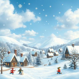 A picturesque winter scene on a snowy day, depicting a quaint village covered in a thick blanket of snow