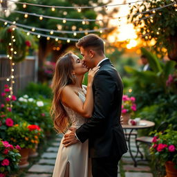 A romantic scene featuring a couple passionately kissing in a beautifully decorated outdoor garden