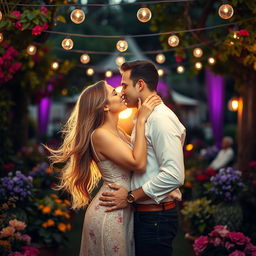 A romantic scene featuring a couple passionately kissing in a beautifully decorated outdoor garden
