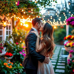 A romantic scene featuring a couple passionately kissing in a beautifully decorated outdoor garden