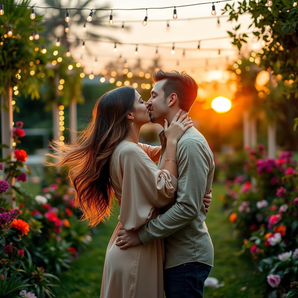 A romantic scene featuring a couple passionately kissing in a beautifully decorated outdoor garden