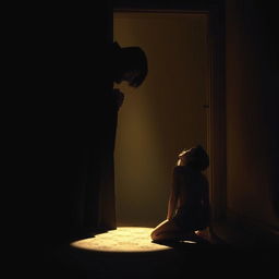 A dramatic scene inside a dimly lit room, where a figure kneels on the floor, appearing vulnerable and tense