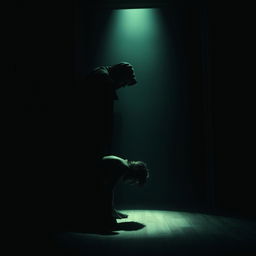 A dramatic scene inside a dimly lit room, where a figure kneels on the floor, appearing vulnerable and tense