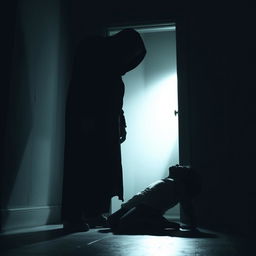 A dramatic scene inside a dimly lit room, where a figure kneels on the floor, appearing vulnerable and tense