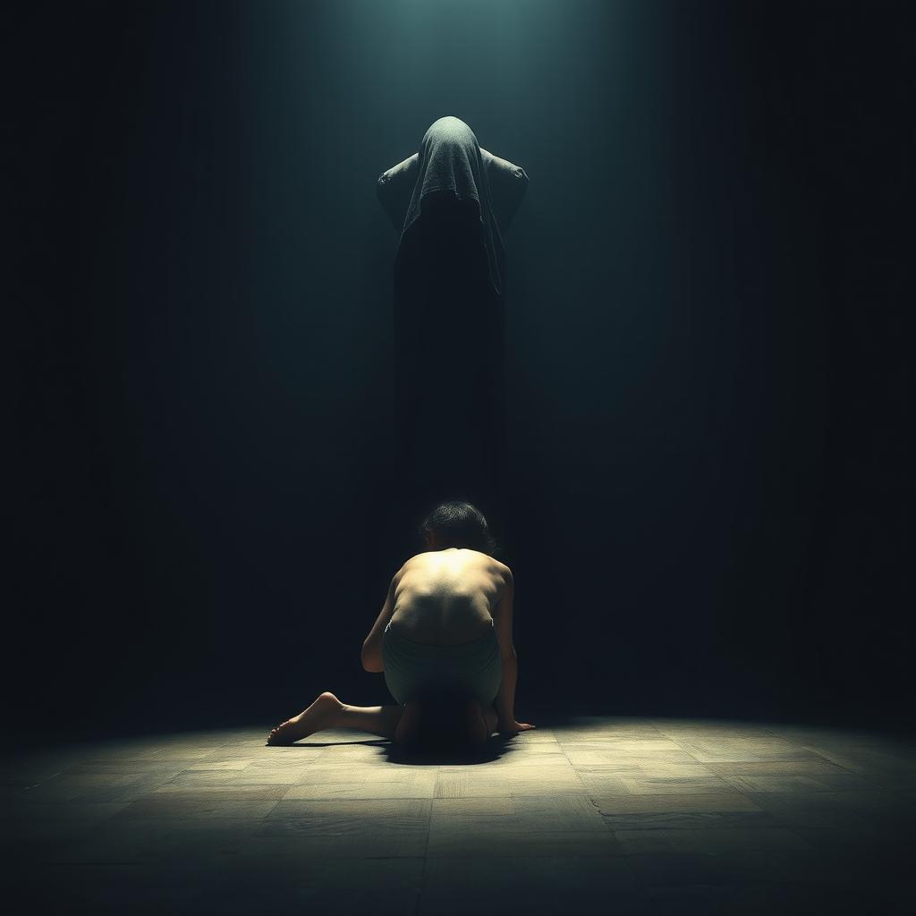 A dramatic scene inside a dimly lit room, where a figure kneels on the floor, appearing vulnerable and tense
