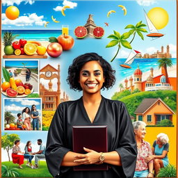 A vibrant and inspiring vision board showcasing a successful woman achieving her goals