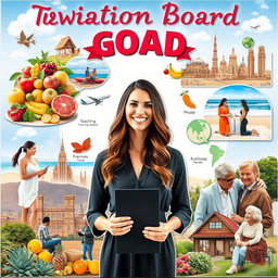 A vibrant and inspiring vision board showcasing a successful woman achieving her goals